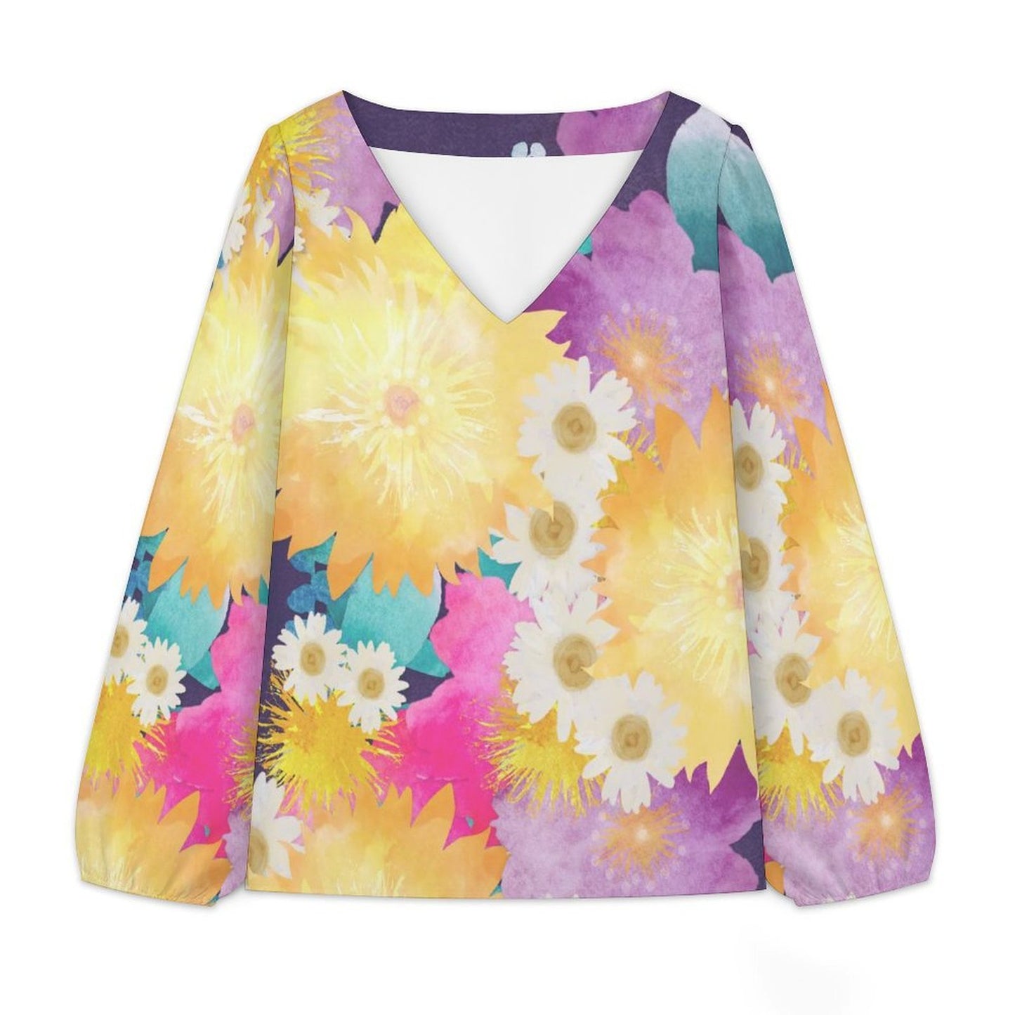 V-neck Lantern Long-sleeved Top Bright Flowers