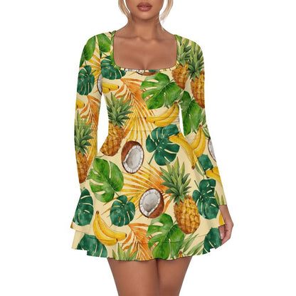 Vestido Mini para Mujer con Escote Cuadrado y Volante en Dobladillo de Leche de Seda