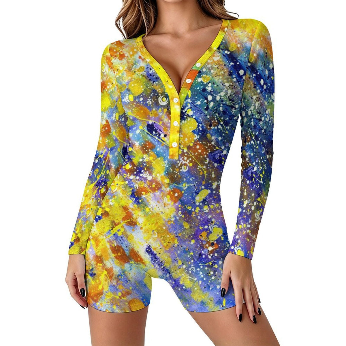 Long-sleeved Bodysuit Shorts Colorful Splash Ink