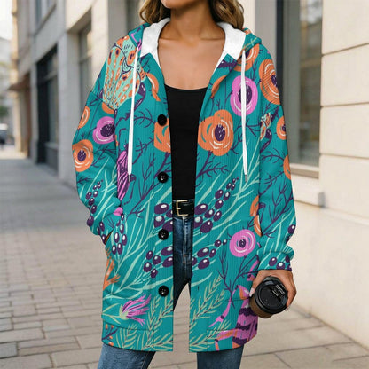 Hooded Plush Jacket Insects, Trees, Plants