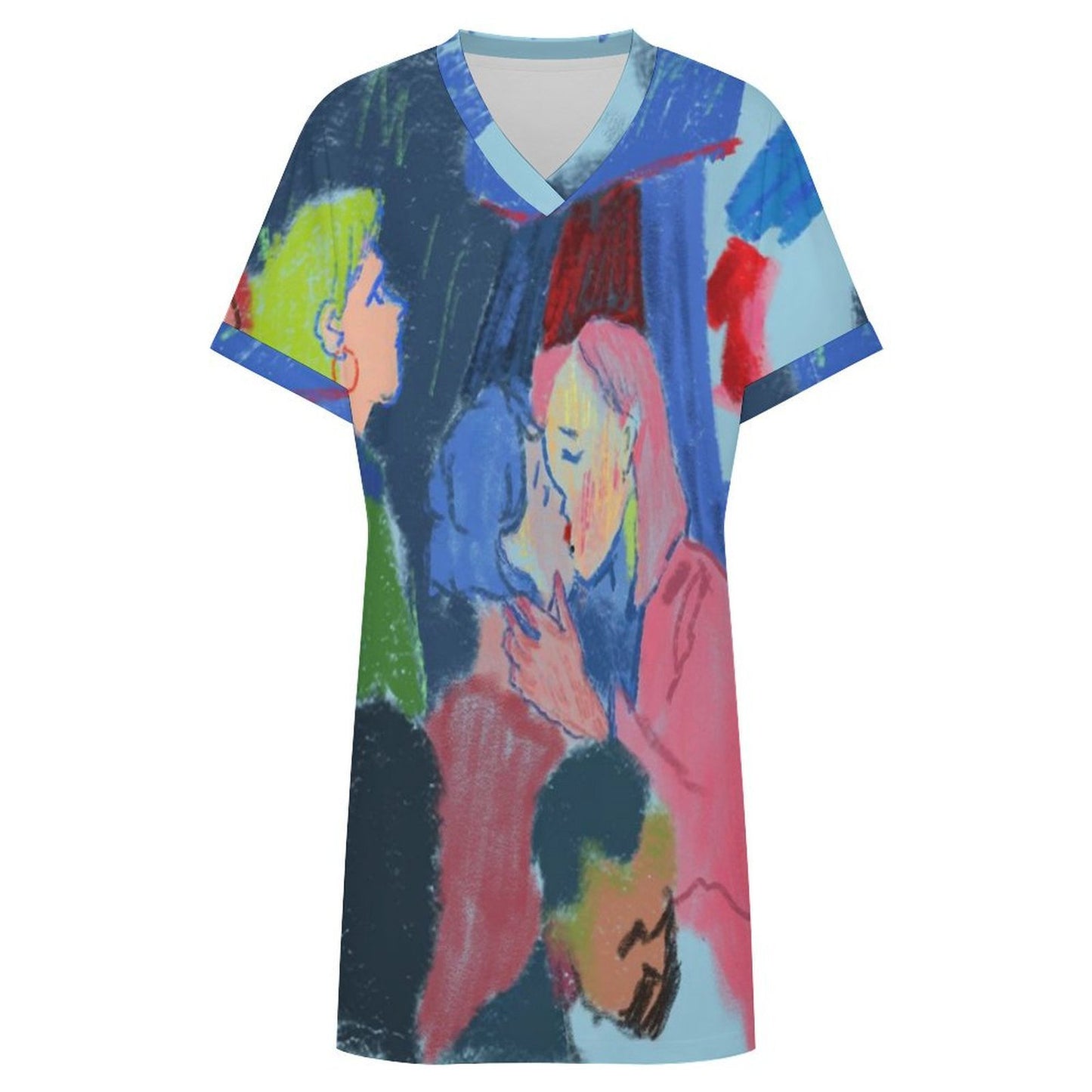Vestido Casual de Mujer con Escote en V y Puños Doblados, Personalizable
