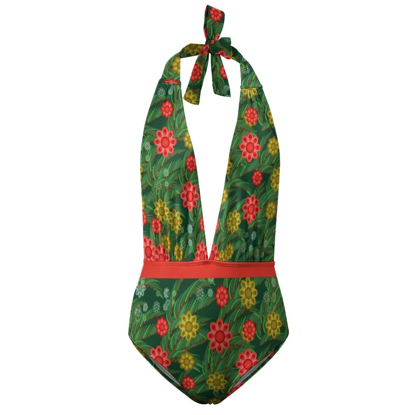 Deep V Neck Swimsuit Green Leaves, Flower Patterns