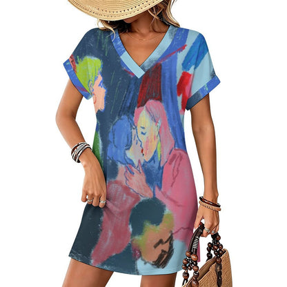 Vestido Casual de Mujer con Escote en V y Puños Doblados, Personalizable