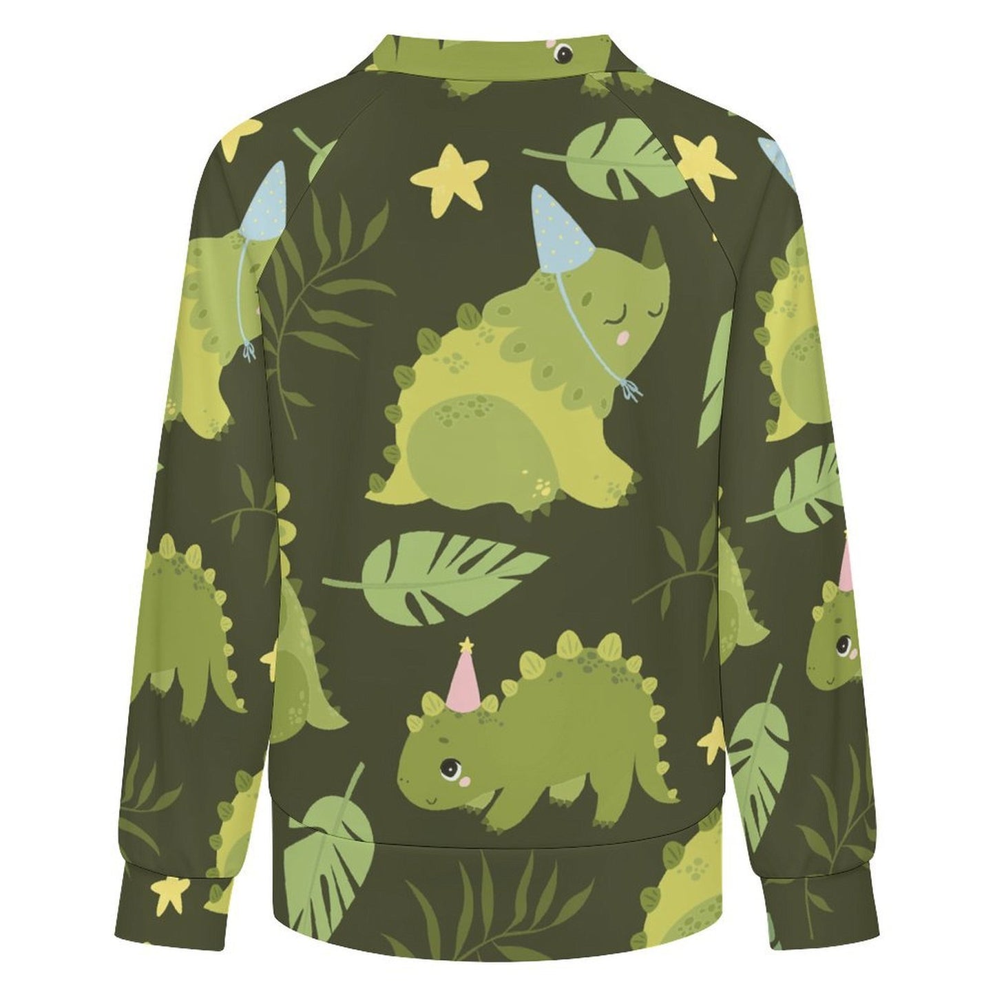 Casual Long Sleeve V-Neck Sweatshirt Green, Dinosaur Pattern