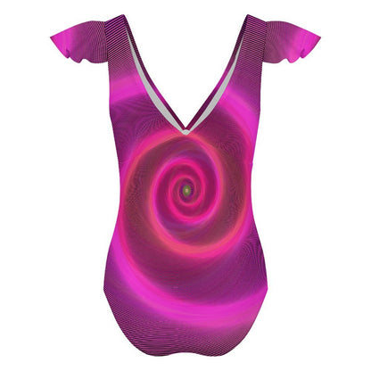 Traje de baño enterizo personalizable con cuello en V y mangas con holanes