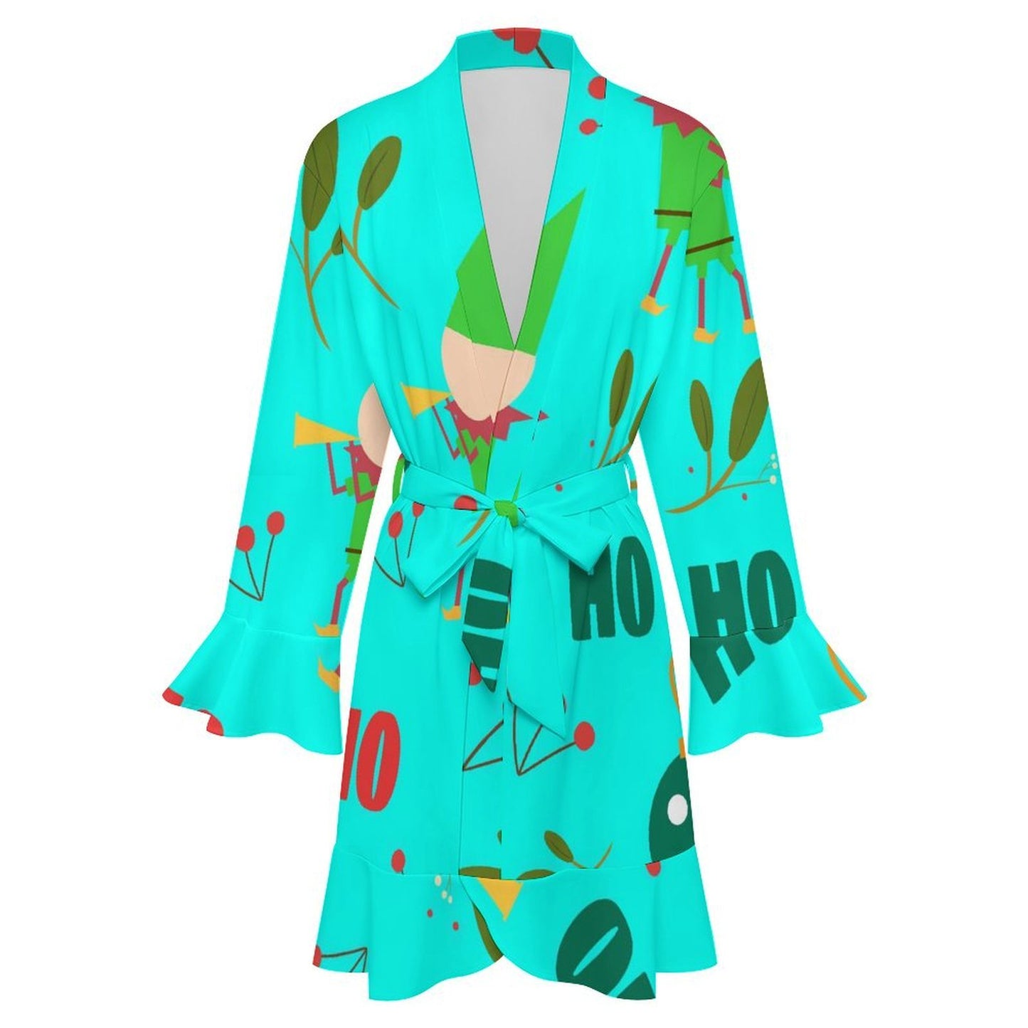 Floral Lace Long-sleeved Waistband Robe Christmas Elf Hohoho Green