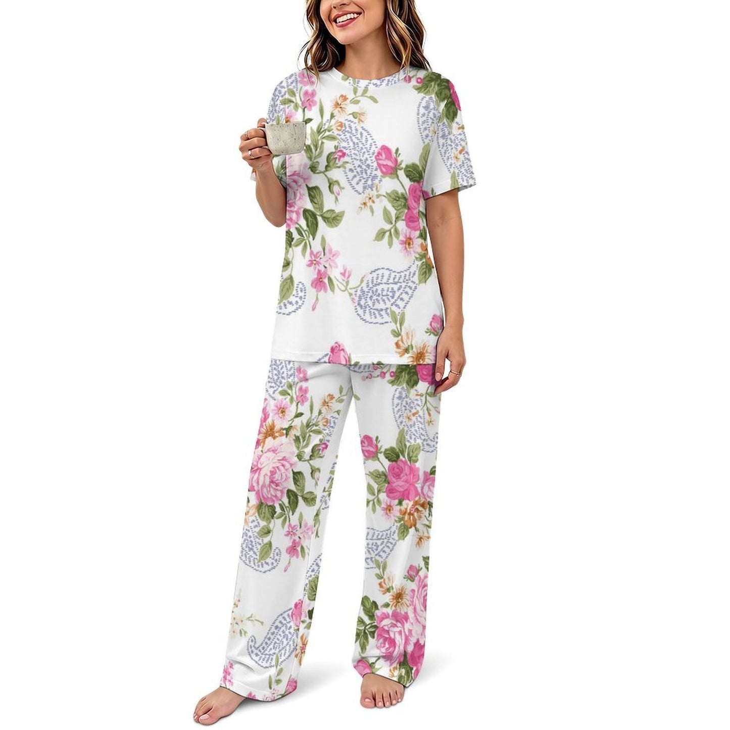 Short Sleeved Pajama Set Retro, Floral Design