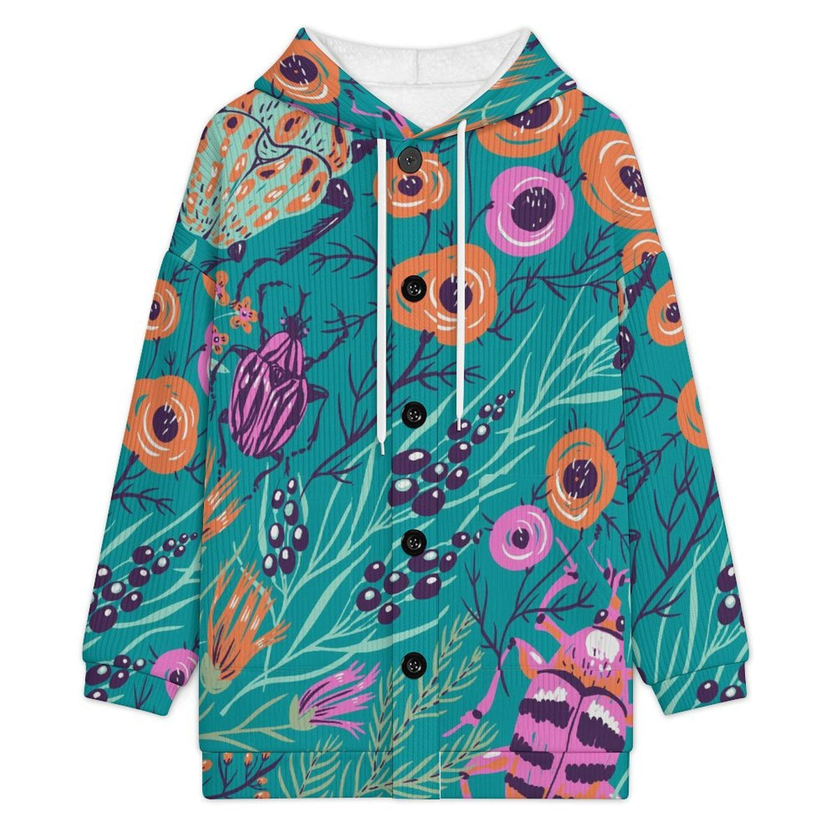 Hooded Plush Jacket Insects, Trees, Plants