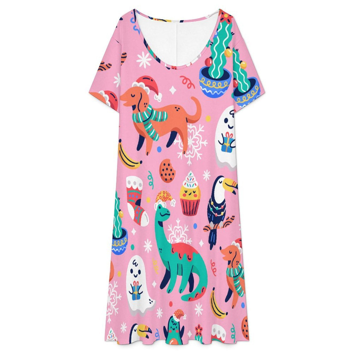 Short Sleeved V-neck Dress Dinosaurs, Ghosts, Party