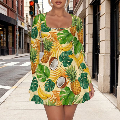 Vestido Mini para Mujer con Escote Cuadrado y Volante en Dobladillo de Leche de Seda