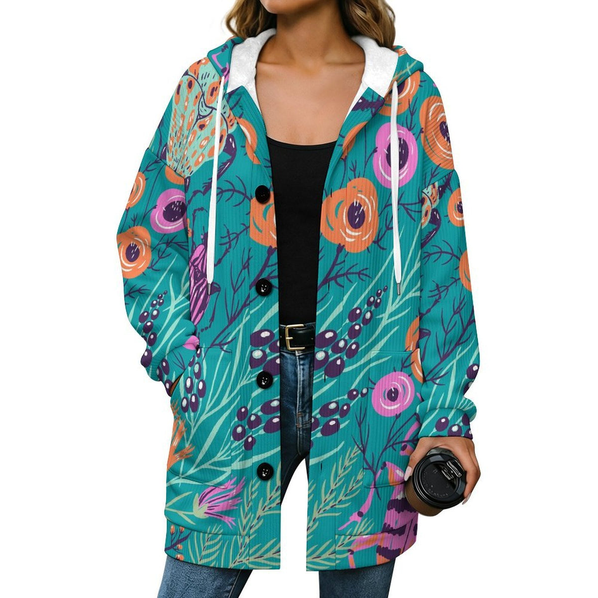 Hooded Plush Jacket Insects, Trees, Plants