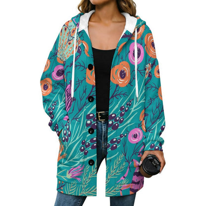 Hooded Plush Jacket Insects, Trees, Plants