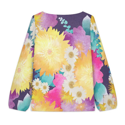 V-neck Lantern Long-sleeved Top Bright Flowers