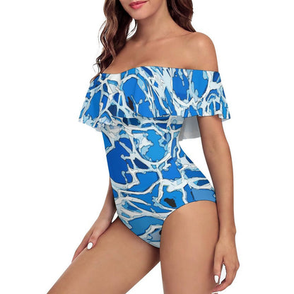 Traje de baño de una pieza personalizable con hombros descubiertos y olanes