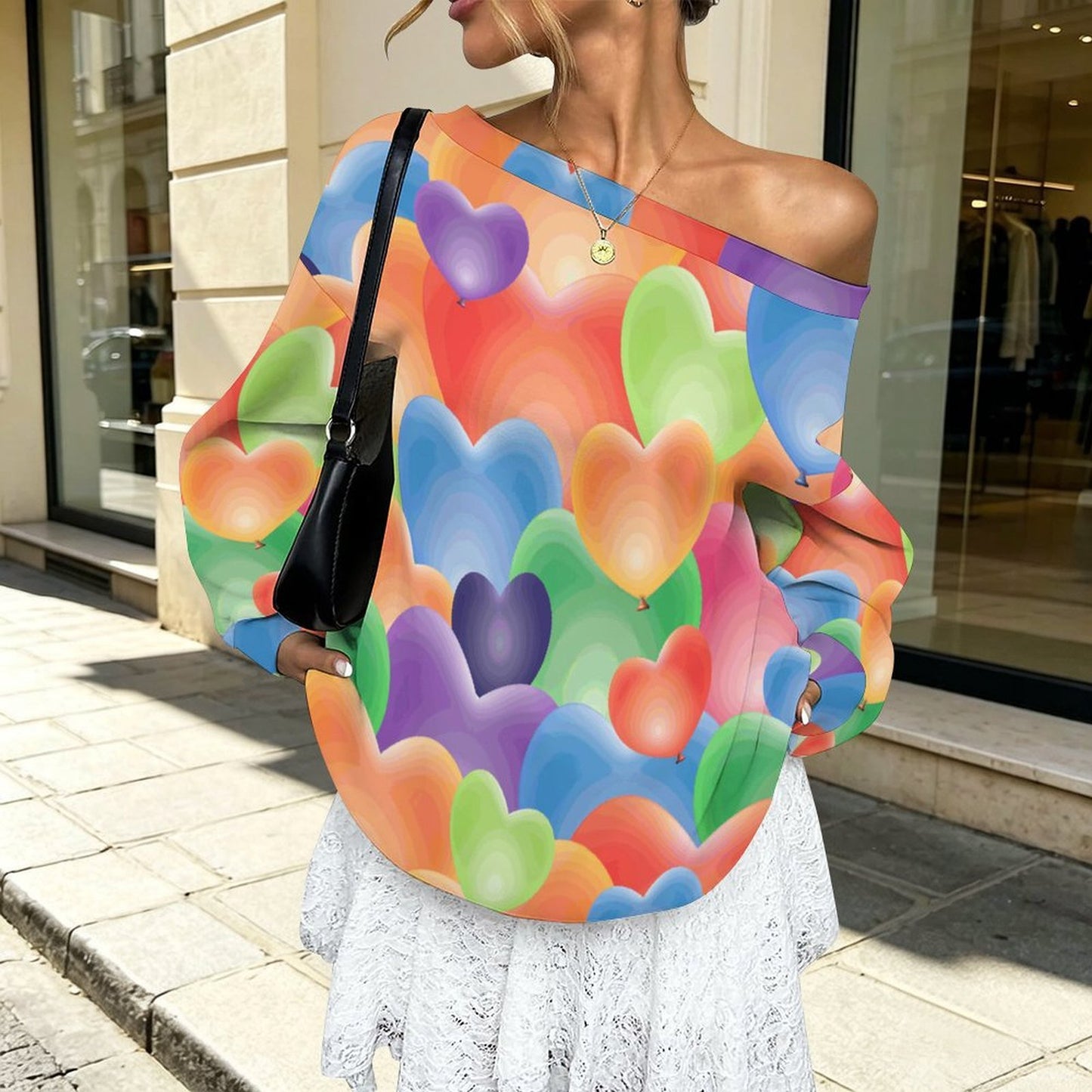 Off-shoulder Hoodie Color Heart Pattern