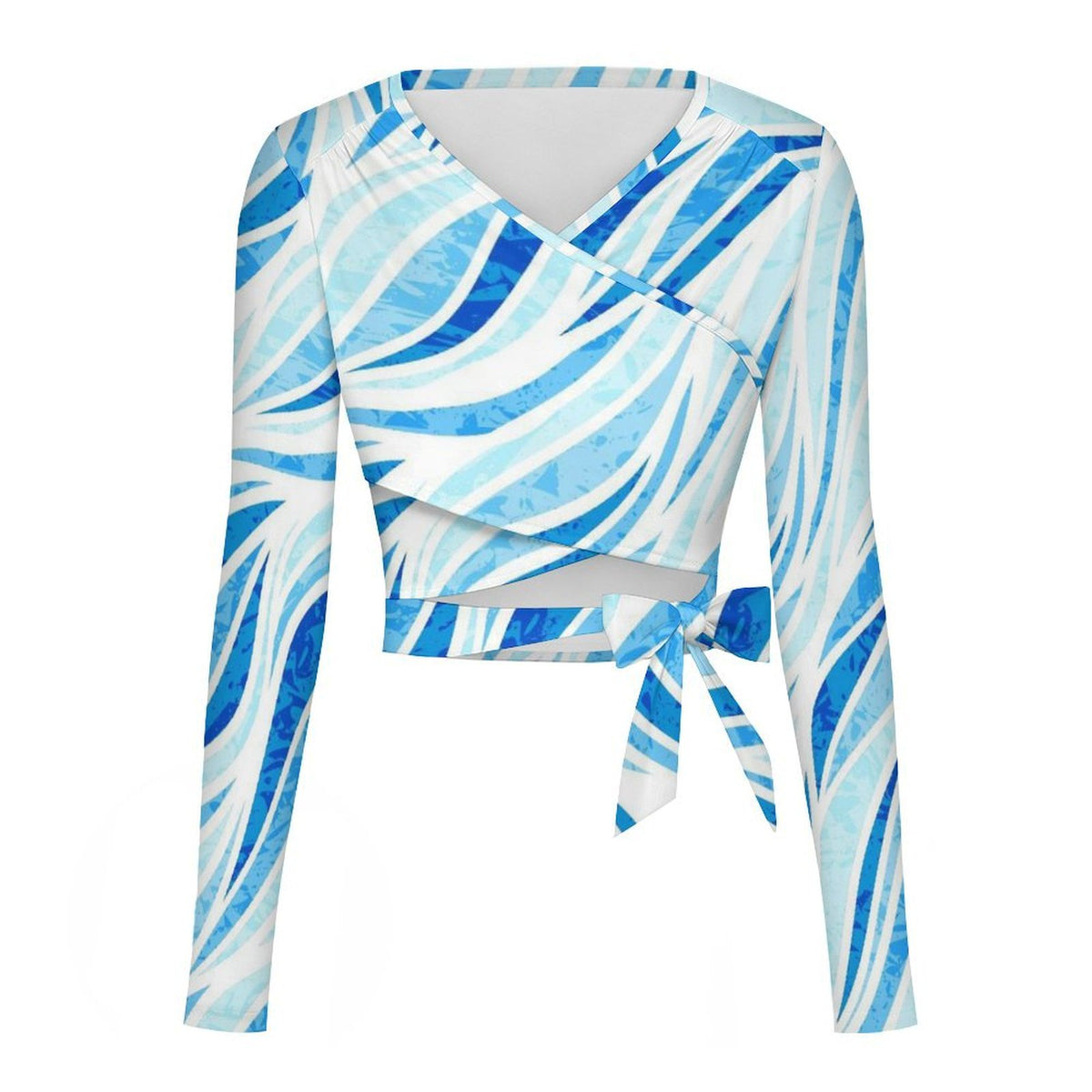 Bow-tied Fine Band Long-sleeved Top Water ，wave ，blue