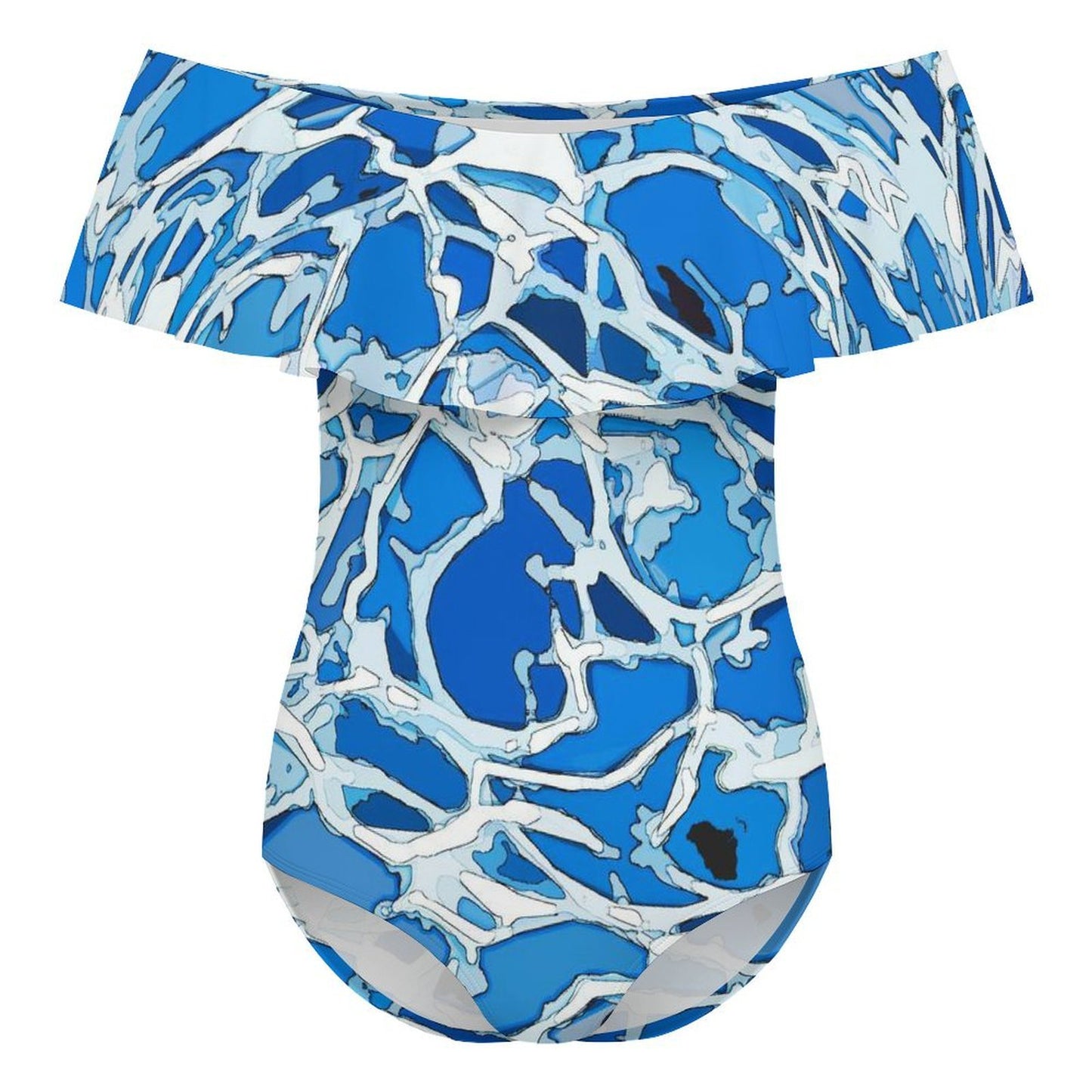 Traje de baño de una pieza personalizable con hombros descubiertos y olanes