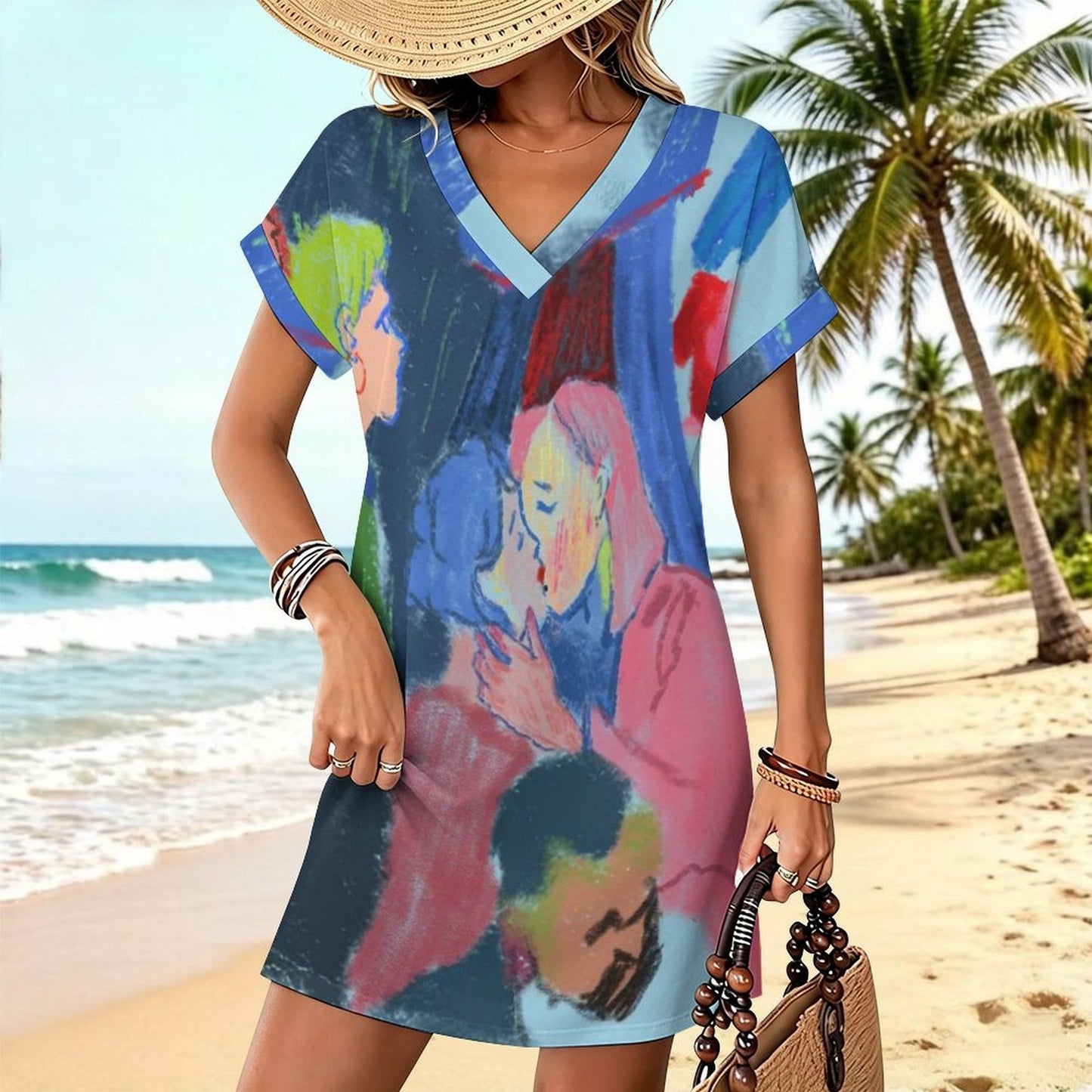 Vestido Casual de Mujer con Escote en V y Puños Doblados, Personalizable