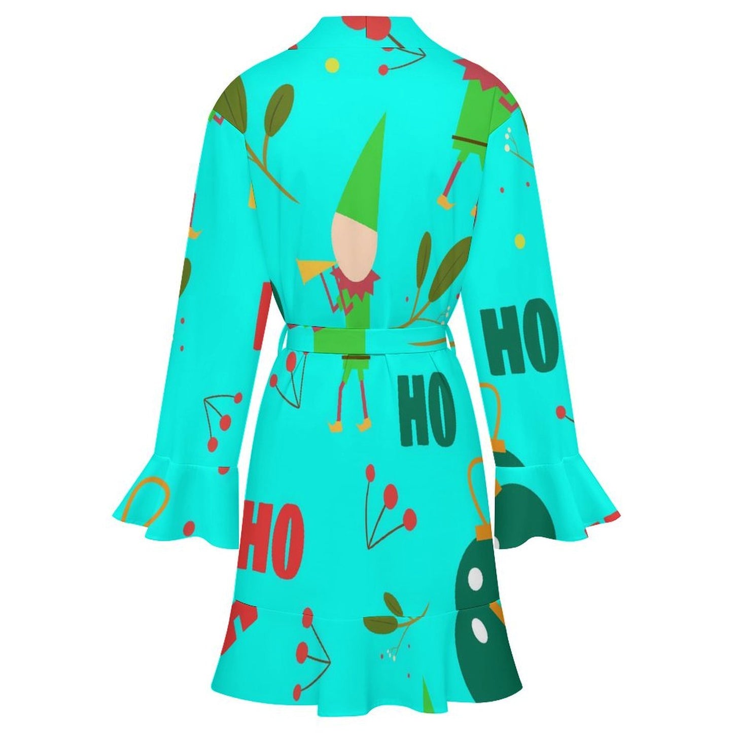 Floral Lace Long-sleeved Waistband Robe Christmas Elf Hohoho Green
