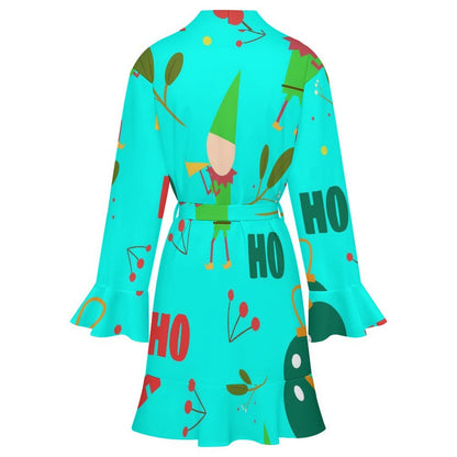Floral Lace Long-sleeved Waistband Robe Christmas Elf Hohoho Green