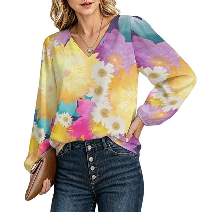V-neck Lantern Long-sleeved Top Bright Flowers