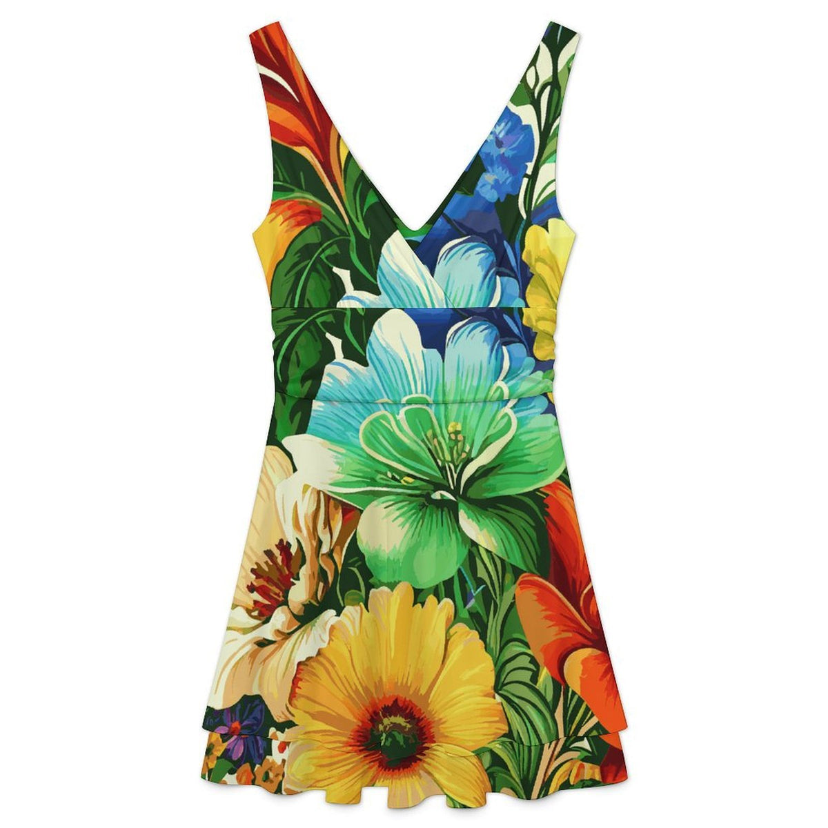 V-neck Sleeveless Double Layered Ruffled Skirt Vintage, Floral
