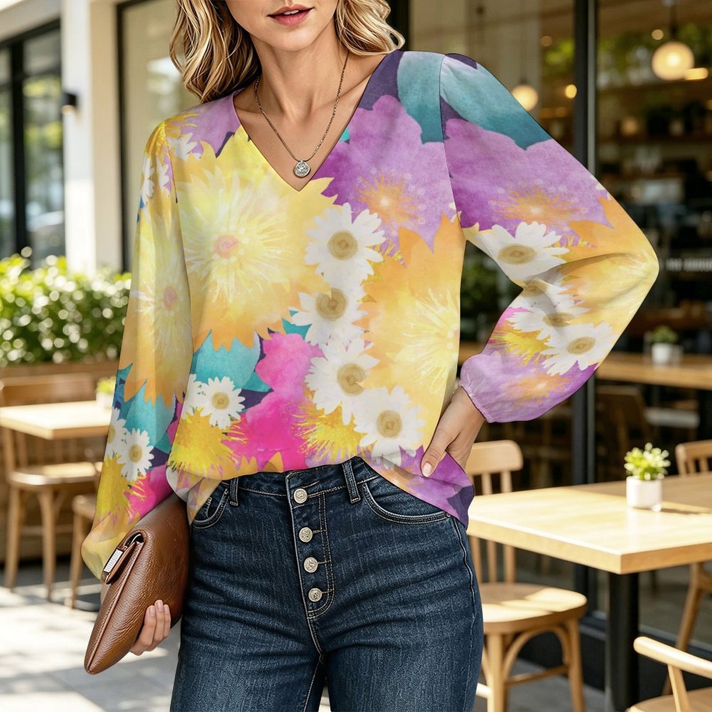 V-neck Lantern Long-sleeved Top Bright Flowers