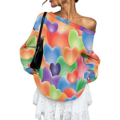 Off-shoulder Hoodie Color Heart Pattern